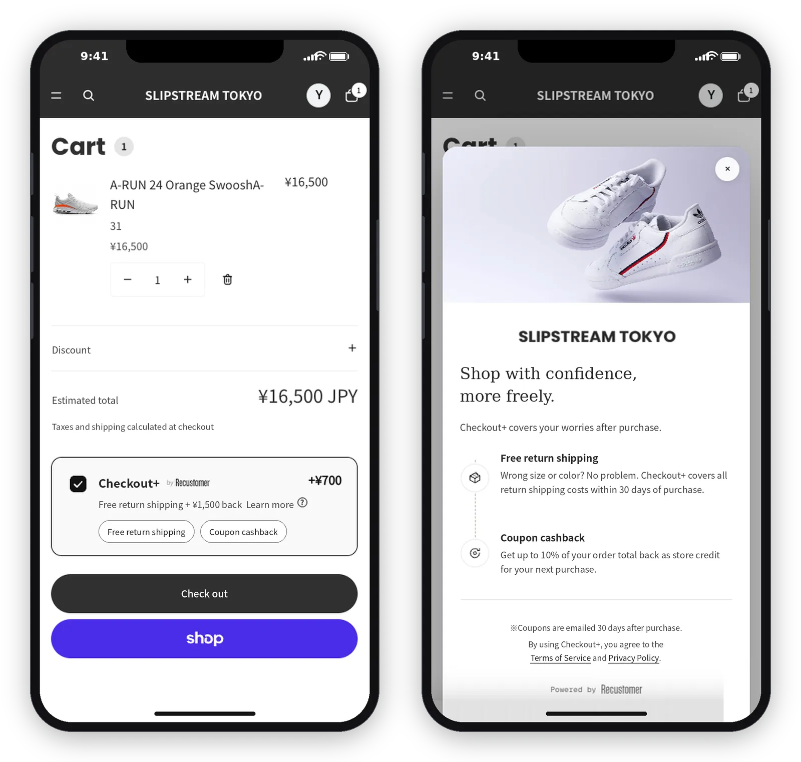 Left: cart page. Below the line items and estimated total is a card with a checkbox reading Checkout+ by Recustomer +¥700, with a description of free return shipping and ¥1,500 cashback, a Learn more link, and badges for free return shipping and coupon cashback. The checkout button is below. Right: the modal opened from Learn more, showing the store's hero image and logo, a heading, descriptions of the two benefits, and notes on coupon delivery timing and the terms of service