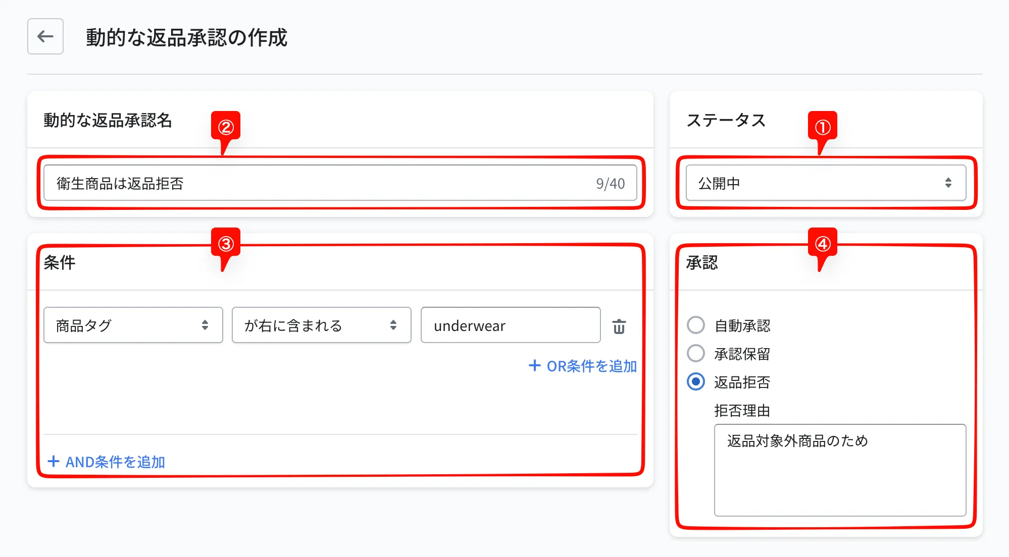 動的な返品承認の作成画面。①ステータス、②動的な返品承認名、③条件、④承認(設定内容)の入力欄が並んでいる