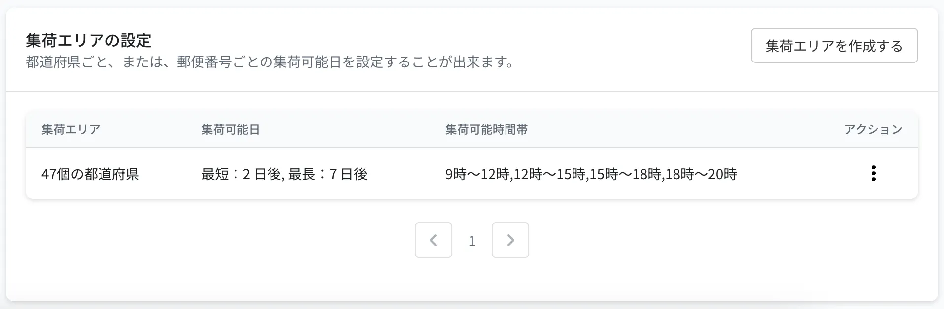 集荷エリアの作成画面。集荷可能なエリアと集荷可能日を設定する