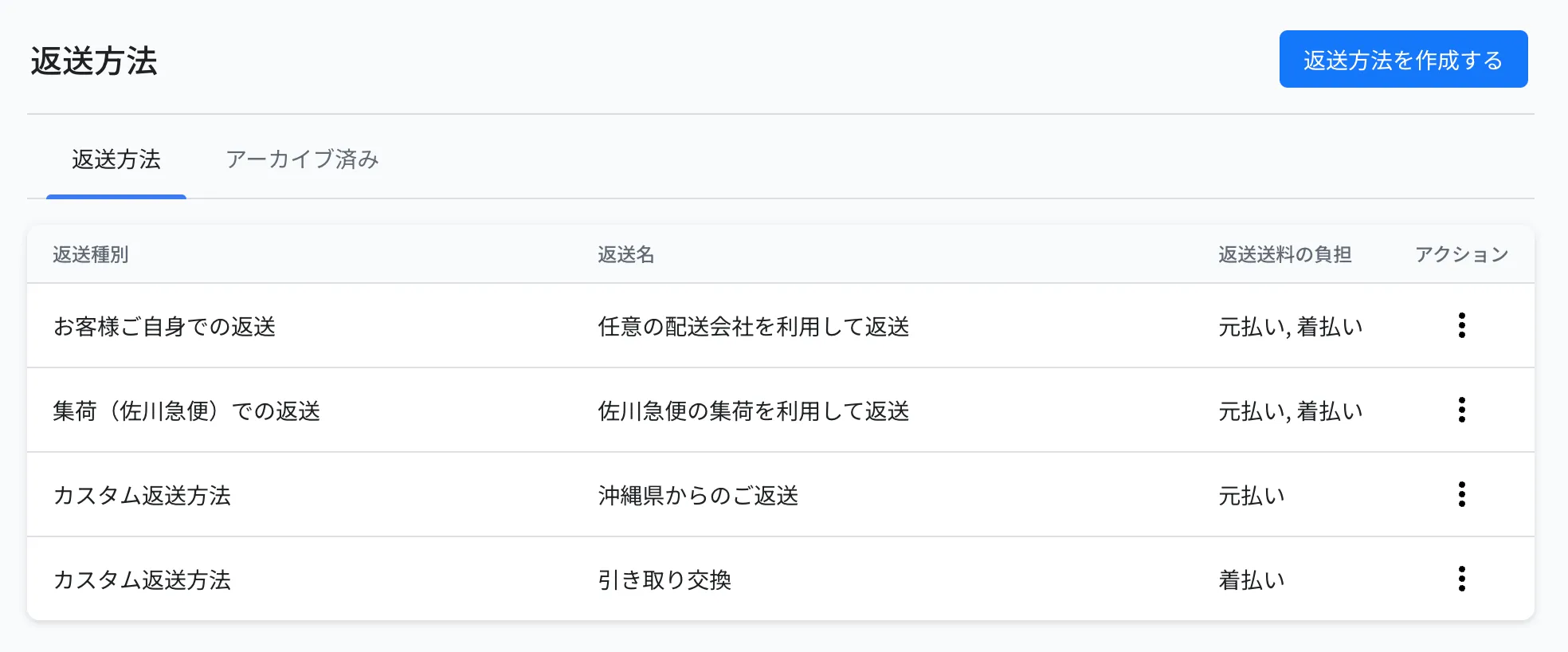 返送方法の一覧画面。任意の配送会社を利用して返送、佐川急便の集荷を利用して返送などが並んでいる