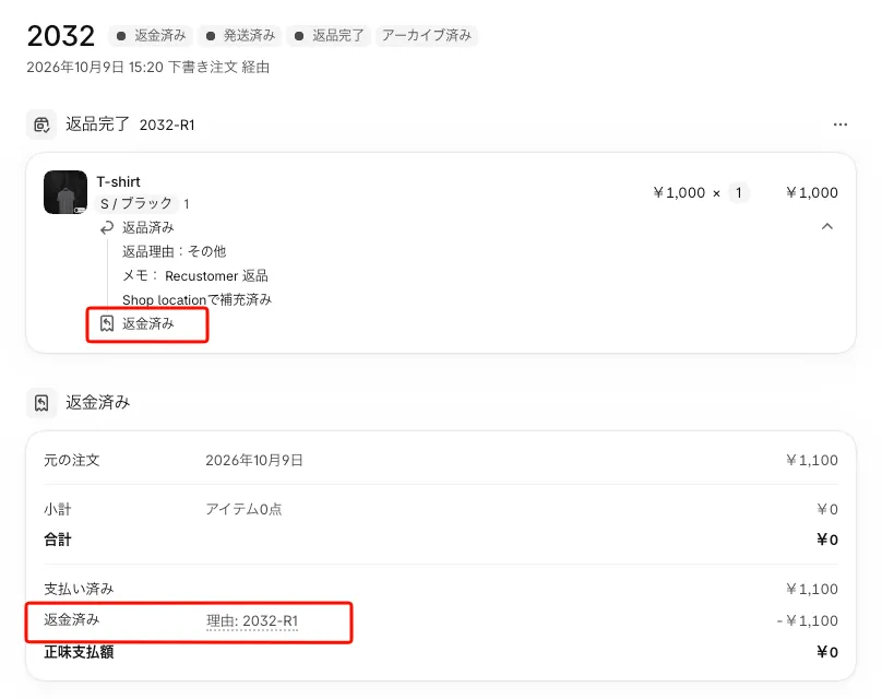 Shopifyの注文画面。返品完了の明細に「返金済み」、返金済みカードに返品番号を理由とした返金が表示されている